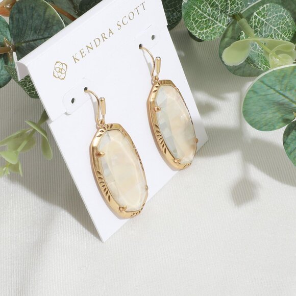 Kendra Scott Elle Vintage Gold Iridescent Abalone Etch Frame Drop Earrings - Picture 2 of 4